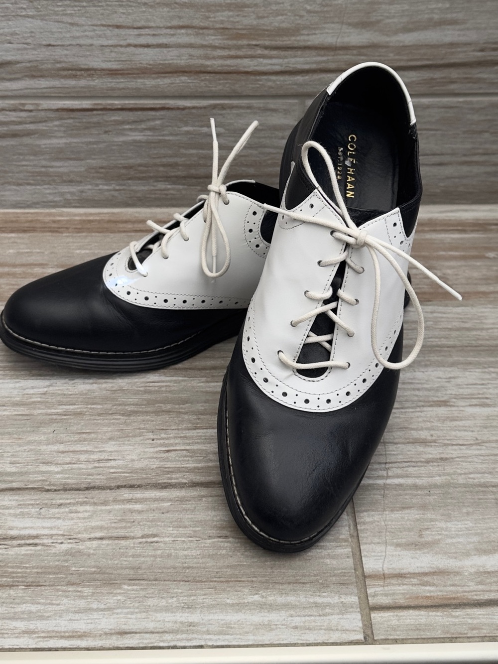 Cole Haan Black and White Two-Tone Saddle Oxfords